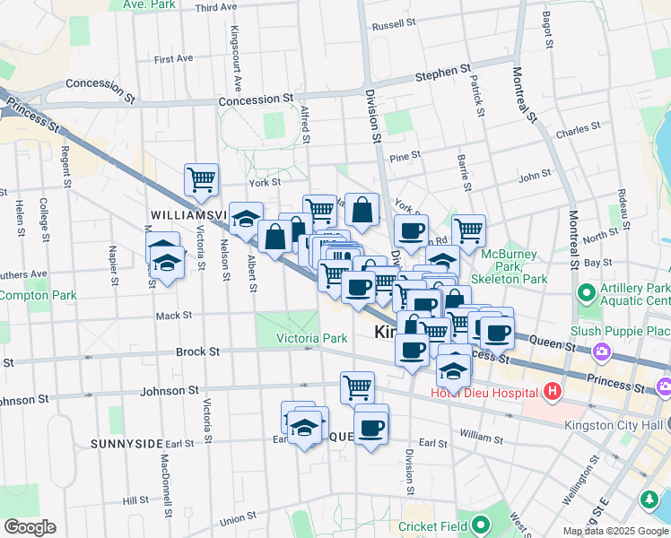 map of restaurants, bars, coffee shops, grocery stores, and more near 25 Creighton Street in Kingston