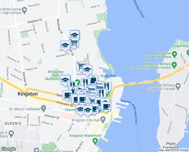 map of restaurants, bars, coffee shops, grocery stores, and more near 8 Rideau Terrace in Kingston