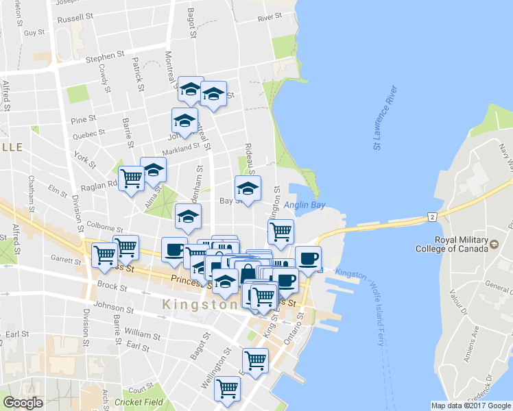 map of restaurants, bars, coffee shops, grocery stores, and more near 8 Rideau Terrace in Kingston