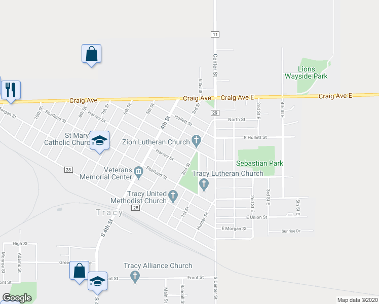 map of restaurants, bars, coffee shops, grocery stores, and more near 487 2nd Street in Tracy