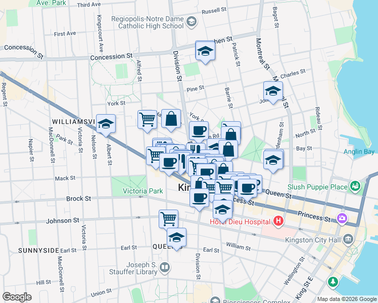 map of restaurants, bars, coffee shops, grocery stores, and more near 240 Division Street in Kingston