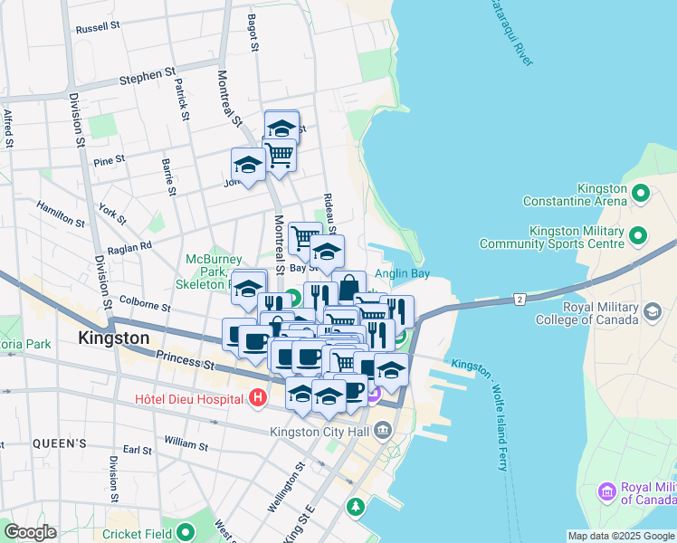 map of restaurants, bars, coffee shops, grocery stores, and more near 8 Rideau Terrace in Kingston