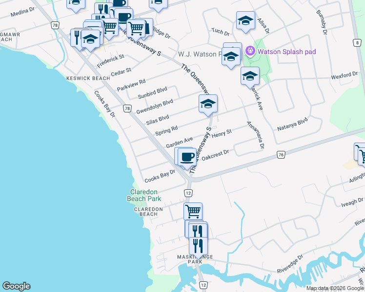 map of restaurants, bars, coffee shops, grocery stores, and more near 159 Garden Avenue in Georgina