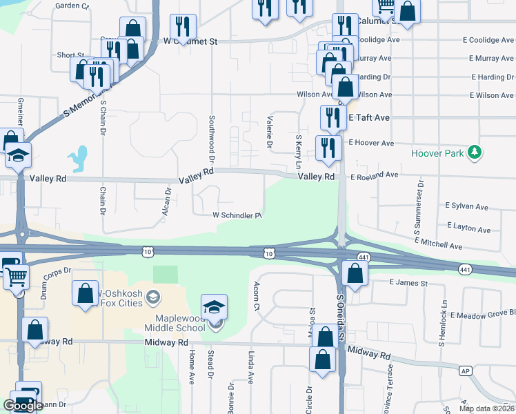 map of restaurants, bars, coffee shops, grocery stores, and more near 300 West Schindler Place in Menasha