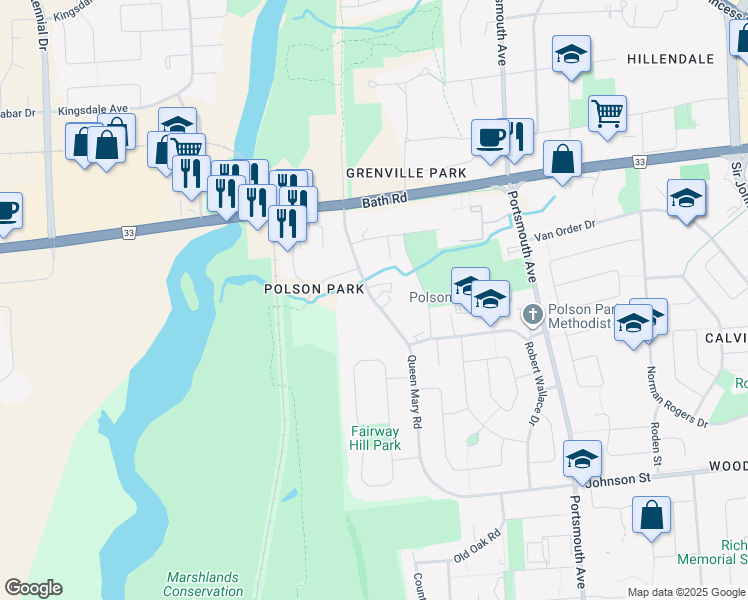 map of restaurants, bars, coffee shops, grocery stores, and more near 180 Queen Mary Road in Kingston