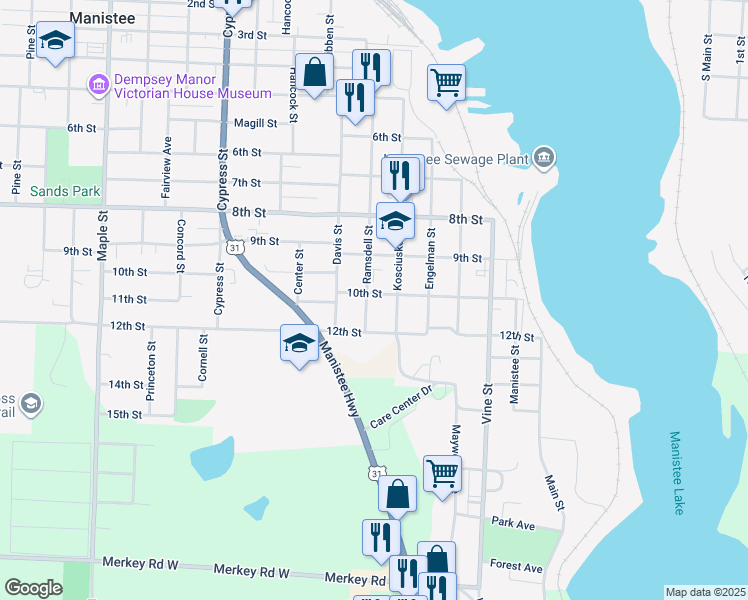 map of restaurants, bars, coffee shops, grocery stores, and more near 914 Ramsdell Street in Manistee
