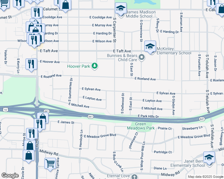 map of restaurants, bars, coffee shops, grocery stores, and more near 2703 South Carpenter Street in Appleton