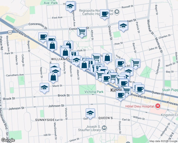 map of restaurants, bars, coffee shops, grocery stores, and more near 565 Princess Street in Kingston