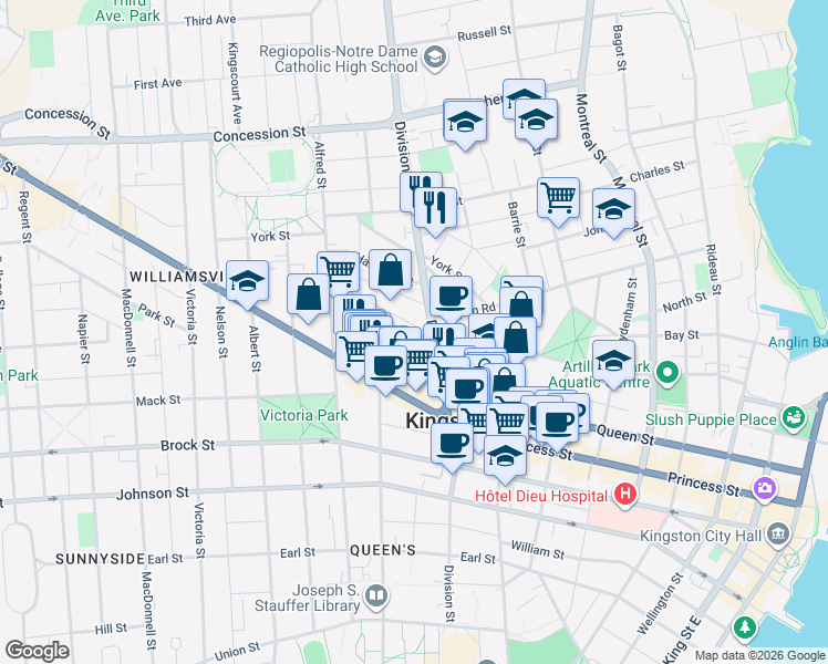 map of restaurants, bars, coffee shops, grocery stores, and more near 18 Elm Street in Kingston