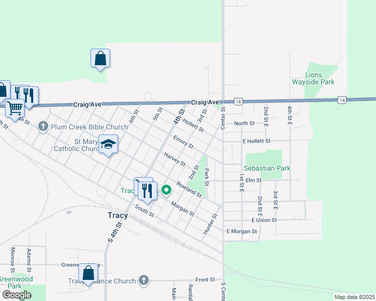 map of restaurants, bars, coffee shops, grocery stores, and more near 337 Emory Street in Tracy