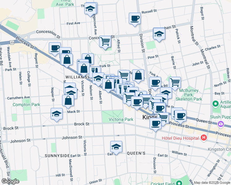 map of restaurants, bars, coffee shops, grocery stores, and more near 563 Princess Street in Kingston