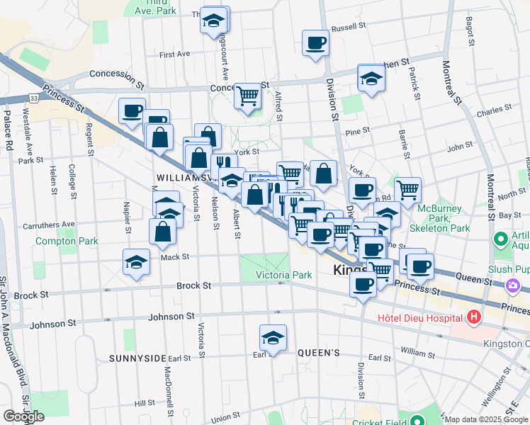 map of restaurants, bars, coffee shops, grocery stores, and more near 571 Princess Street in Kingston