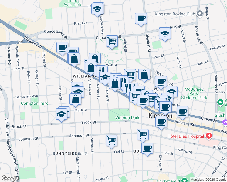 map of restaurants, bars, coffee shops, grocery stores, and more near 574 Princess Street in Kingston