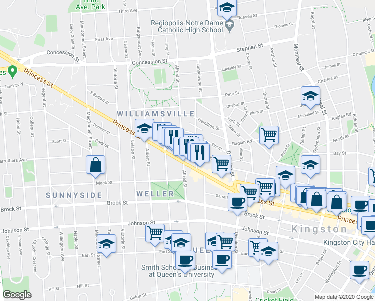 map of restaurants, bars, coffee shops, grocery stores, and more near 363 Alfred Street in Kingston