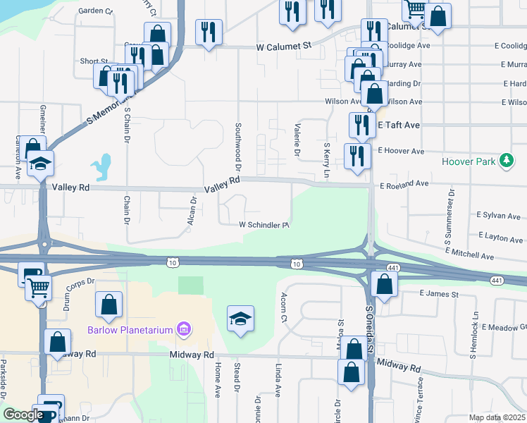map of restaurants, bars, coffee shops, grocery stores, and more near 304 West Schindler Place in Menasha