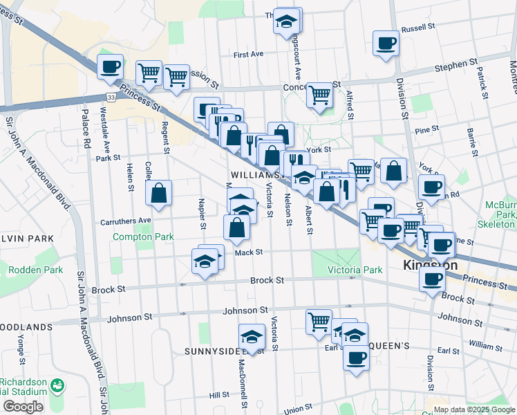 map of restaurants, bars, coffee shops, grocery stores, and more near 16 Park Street in Kingston