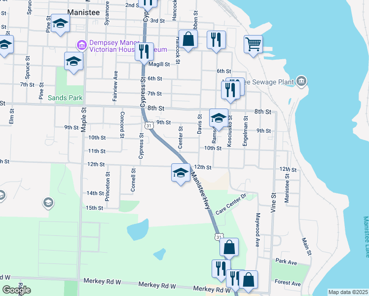 map of restaurants, bars, coffee shops, grocery stores, and more near 276 11th Street in Manistee
