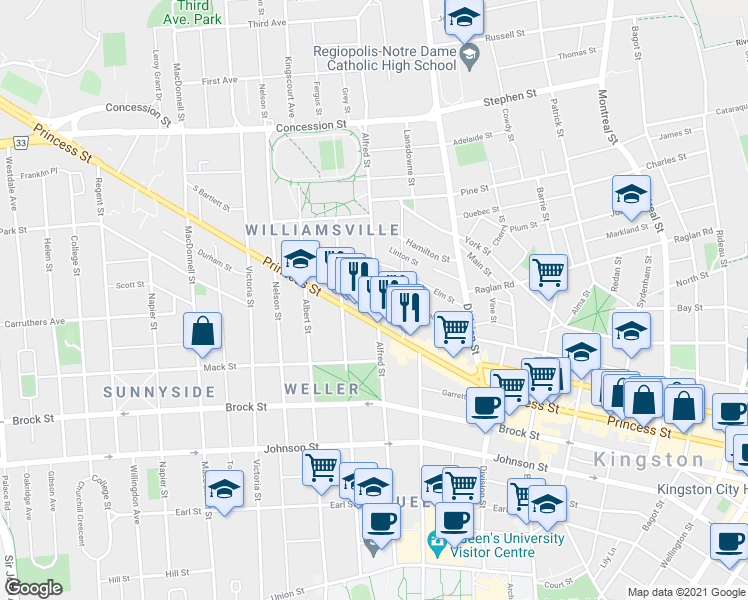 map of restaurants, bars, coffee shops, grocery stores, and more near 364 Alfred Street in Kingston