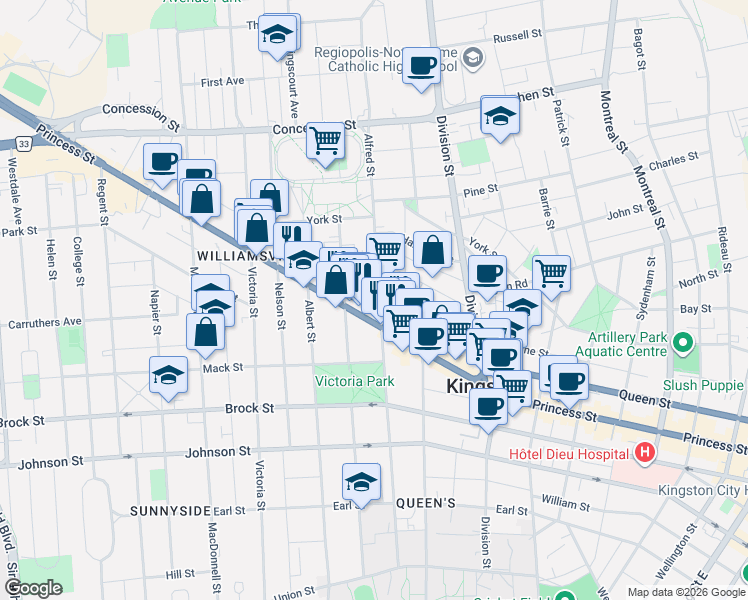 map of restaurants, bars, coffee shops, grocery stores, and more near 366 Alfred Street in Kingston