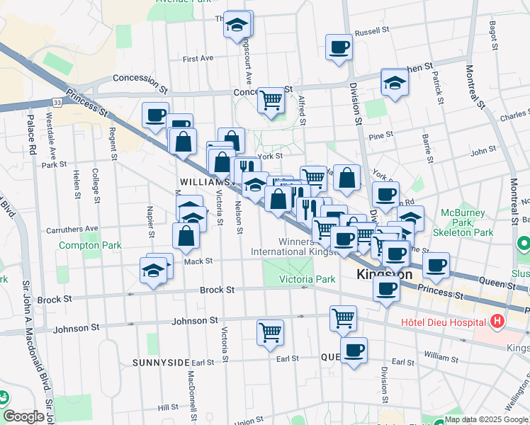 map of restaurants, bars, coffee shops, grocery stores, and more near 611 Kingston 2 in Kingston