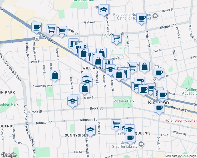 map of restaurants, bars, coffee shops, grocery stores, and more near 511 Victoria Street in Kingston
