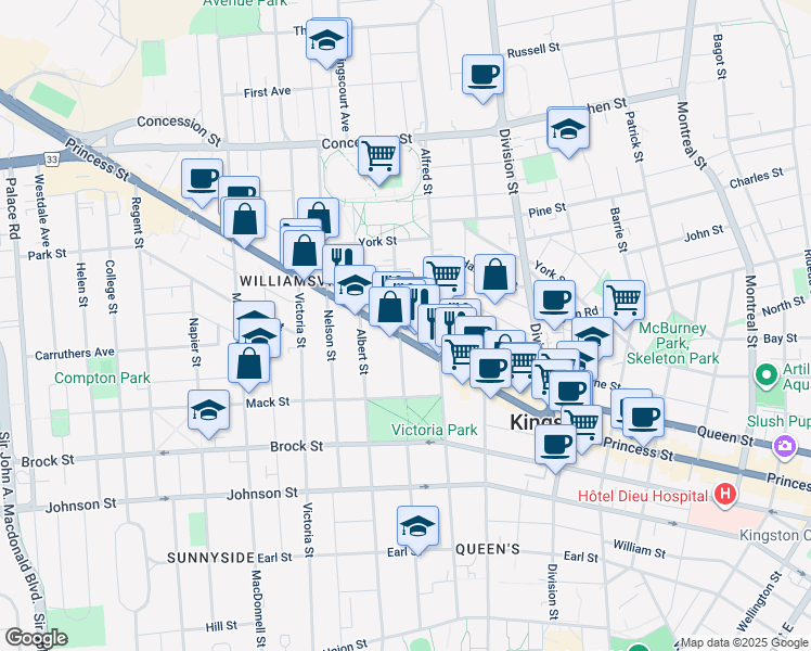 map of restaurants, bars, coffee shops, grocery stores, and more near 495 Frontenac Street in Kingston