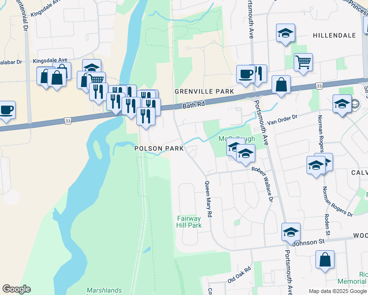 map of restaurants, bars, coffee shops, grocery stores, and more near 200 Queen Mary Road in Kingston