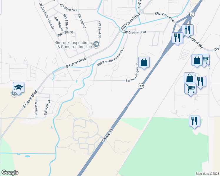 map of restaurants, bars, coffee shops, grocery stores, and more near 4326 Southwest Callaway Court in Redmond
