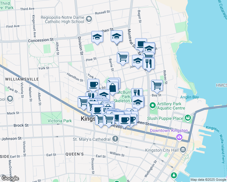 map of restaurants, bars, coffee shops, grocery stores, and more near 422 Barrie Street in Kingston