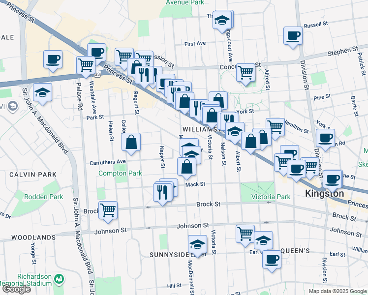 map of restaurants, bars, coffee shops, grocery stores, and more near in Kingston