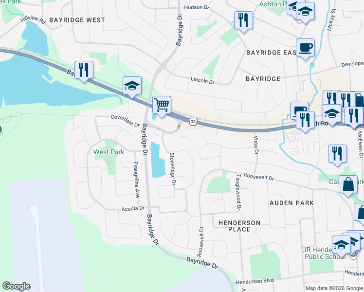 map of restaurants, bars, coffee shops, grocery stores, and more near in Kingston