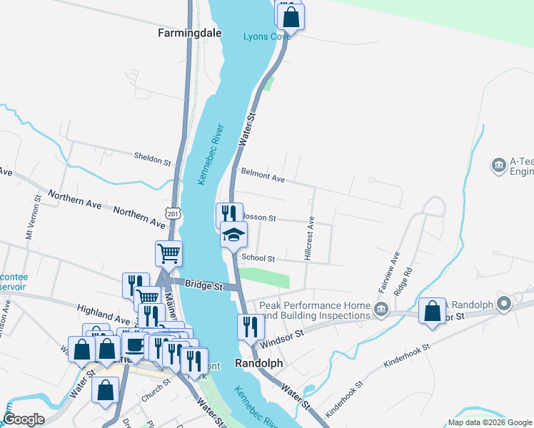 map of restaurants, bars, coffee shops, grocery stores, and more near 18 Closson Street in Randolph