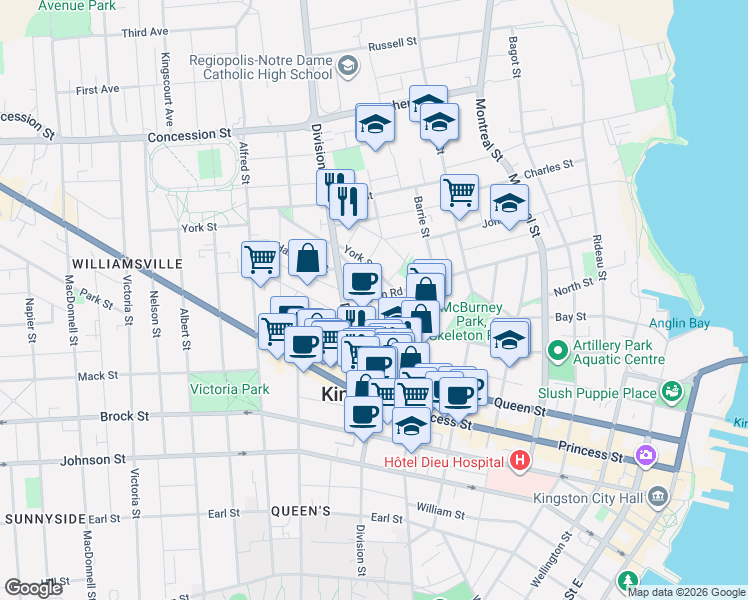 map of restaurants, bars, coffee shops, grocery stores, and more near in Kingston