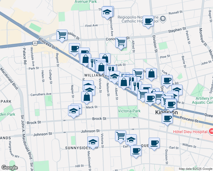 map of restaurants, bars, coffee shops, grocery stores, and more near 176 Nelson Street in Kingston