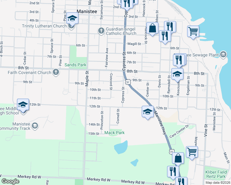 map of restaurants, bars, coffee shops, grocery stores, and more near 343 10th Street in Manistee