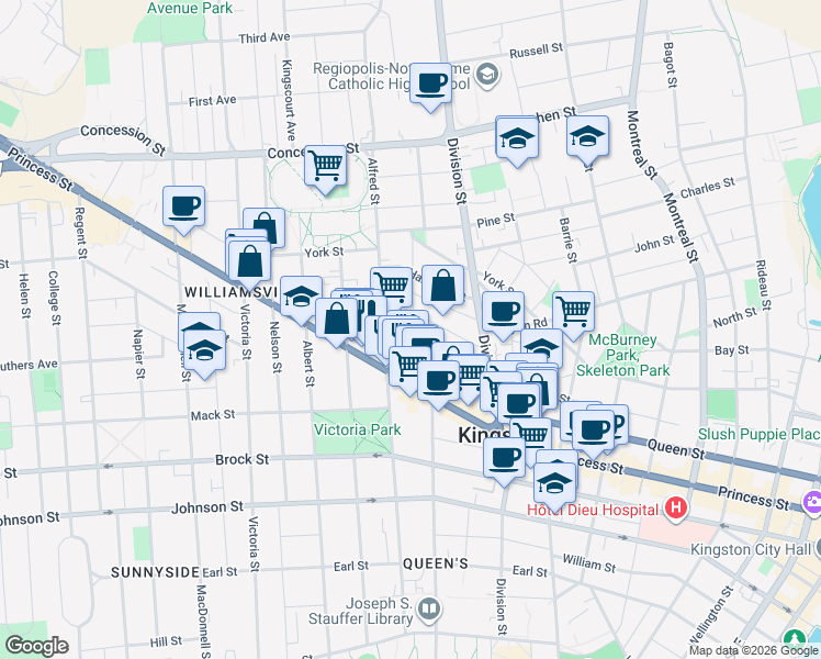 map of restaurants, bars, coffee shops, grocery stores, and more near 375 Alfred Street in Kingston