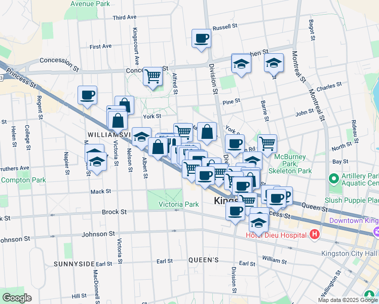 map of restaurants, bars, coffee shops, grocery stores, and more near 375 Alfred Street in Kingston