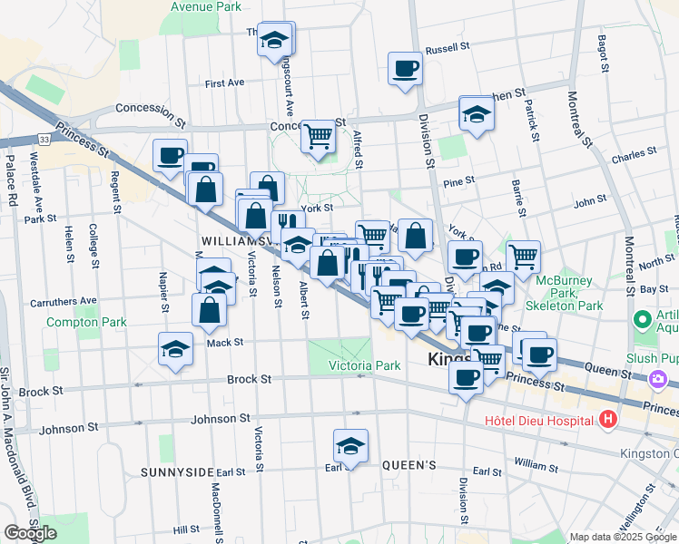 map of restaurants, bars, coffee shops, grocery stores, and more near 563 Princess Street in Kingston
