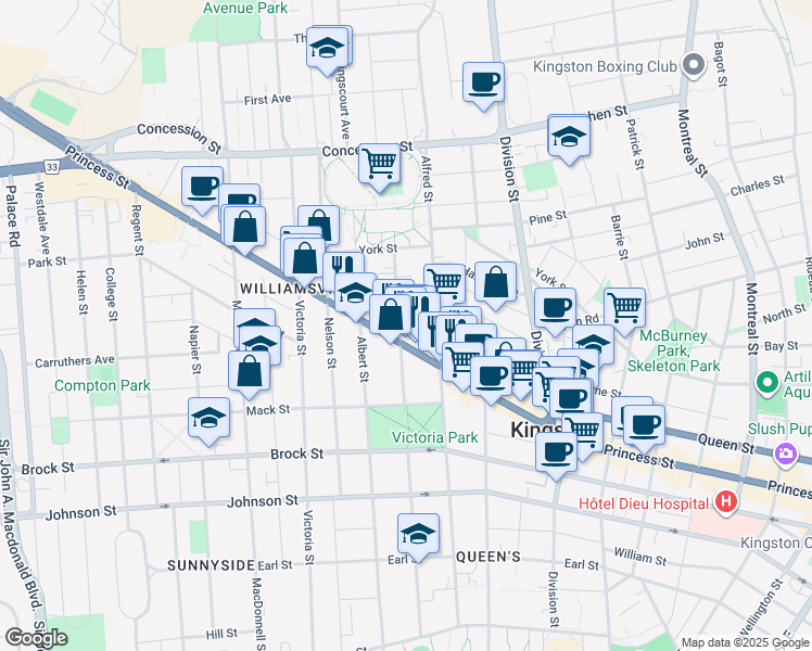 map of restaurants, bars, coffee shops, grocery stores, and more near 501 Frontenac Street in Kingston