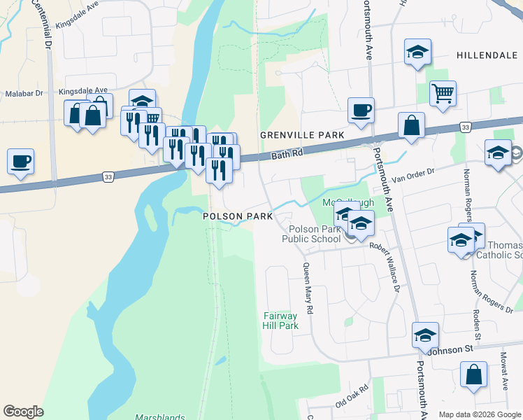 map of restaurants, bars, coffee shops, grocery stores, and more near 14 Greenview Drive in Kingston