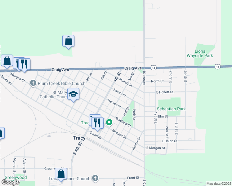 map of restaurants, bars, coffee shops, grocery stores, and more near 337 Emory Street in Tracy