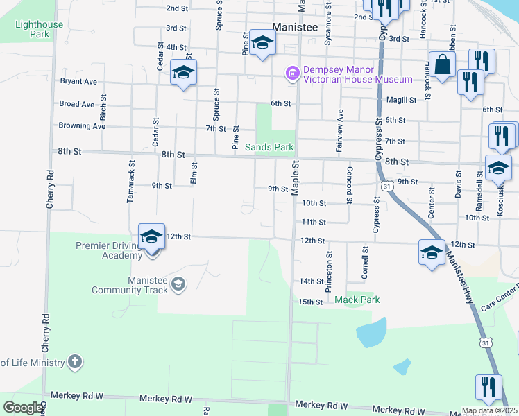 map of restaurants, bars, coffee shops, grocery stores, and more near 1011 Robinson Street in Manistee