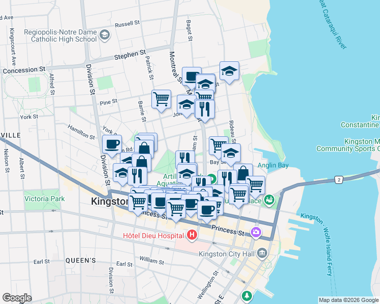 map of restaurants, bars, coffee shops, grocery stores, and more near 318 Sydenham Street in Kingston