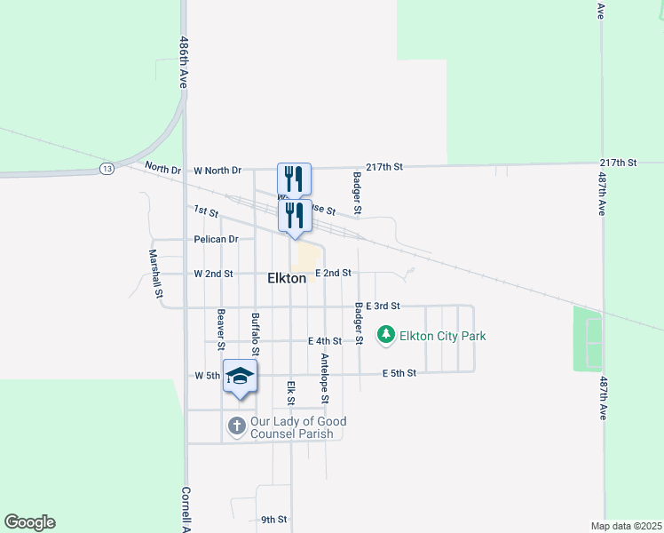 map of restaurants, bars, coffee shops, grocery stores, and more near 201 East 2nd Street in Elkton