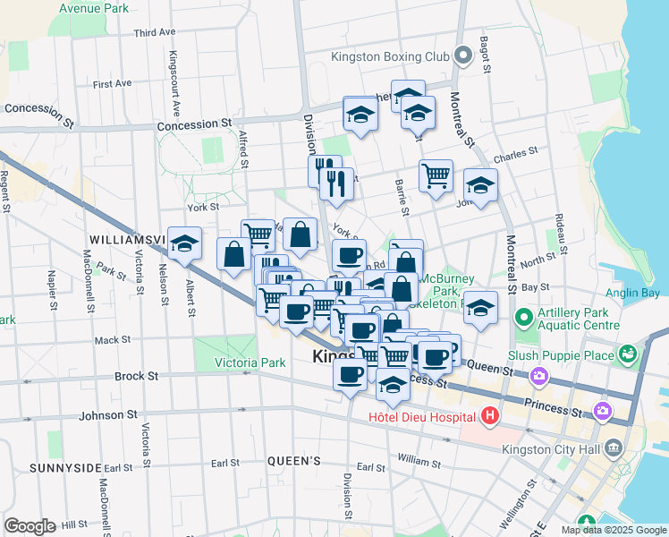 map of restaurants, bars, coffee shops, grocery stores, and more near 271 Division Street in Kingston
