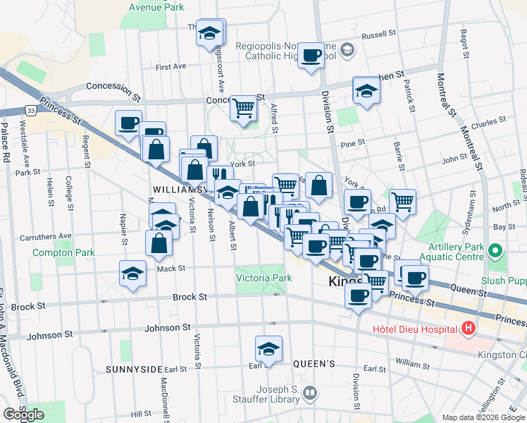 map of restaurants, bars, coffee shops, grocery stores, and more near 394 Alfred Street in Kingston
