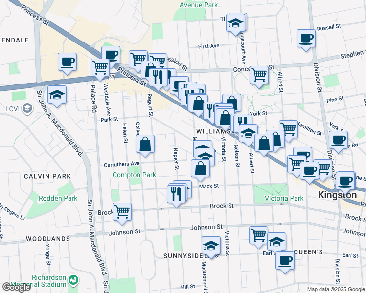 map of restaurants, bars, coffee shops, grocery stores, and more near in Kingston