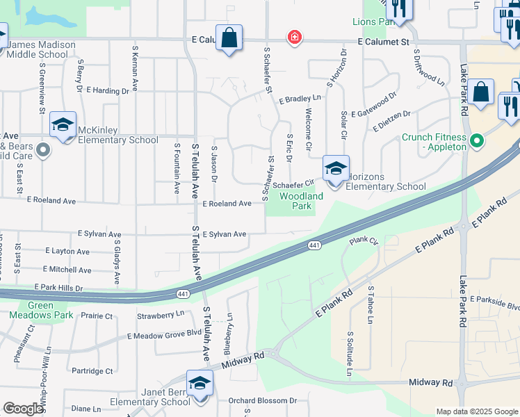 map of restaurants, bars, coffee shops, grocery stores, and more near 2701 South Schaefer Street in Appleton
