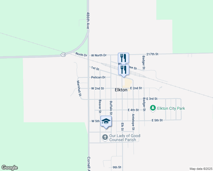 map of restaurants, bars, coffee shops, grocery stores, and more near 101-199 Buffalo St in Elkton