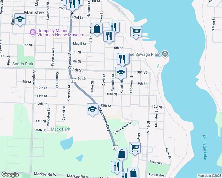 map of restaurants, bars, coffee shops, grocery stores, and more near 914 Ramsdell Street in Manistee